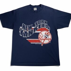 Vintage 1989 New York Yankees Trench Tee Navy Made USA Large
